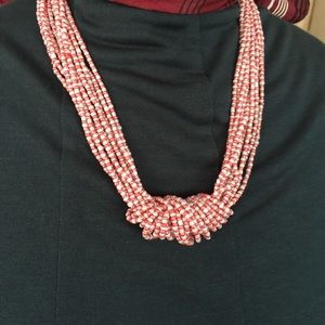 Multi Strand Red & White Beaded Necklace